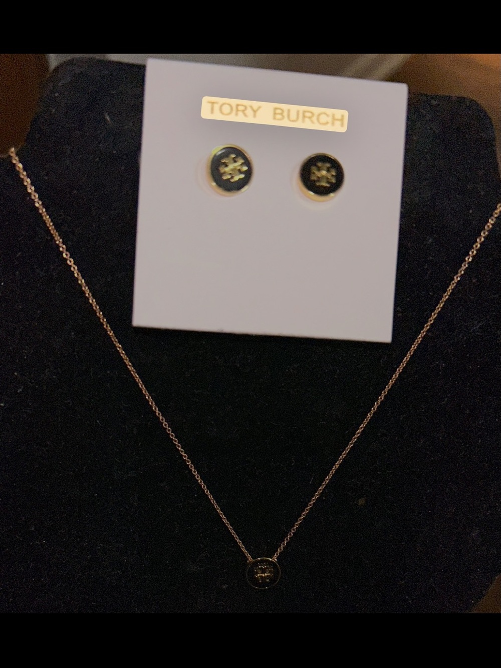 Tory Burch Rose Gold and Black Logo Disc Earrings and matching necklace set